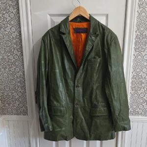 Vintage Kuhlman Green Leather Y2k Orange Lining Blazer Jacket Coat Size 3